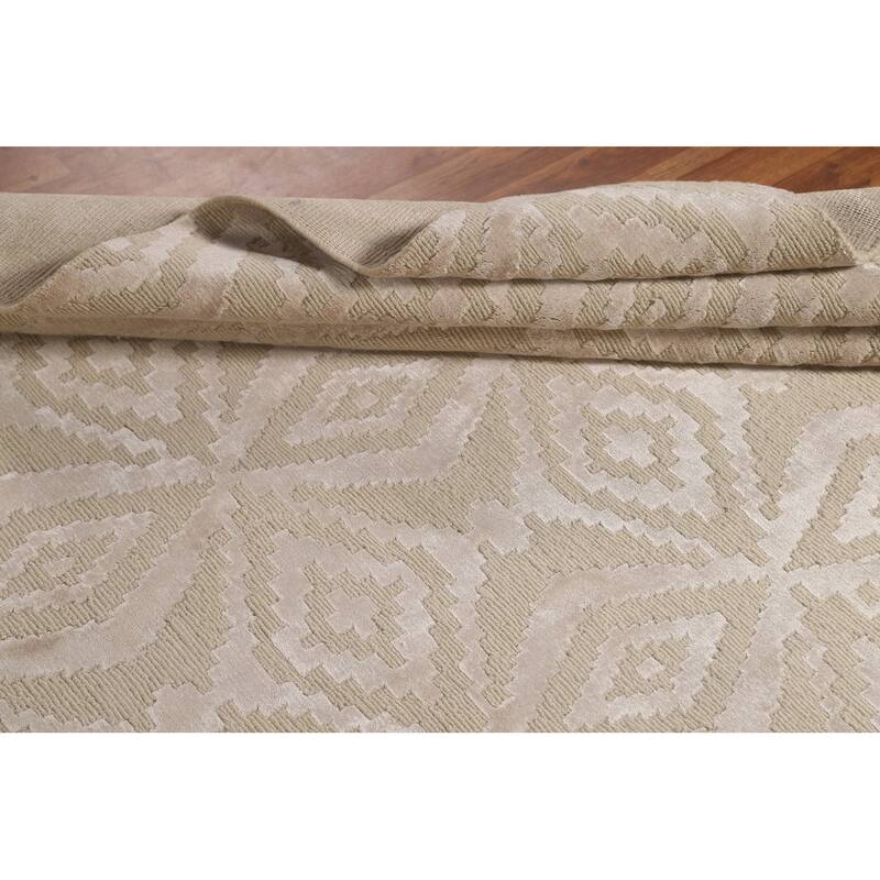 Beige Geometric Nepalese Oriental Area Rug Handmade Wool Carpet - 6'1" x 8'11"