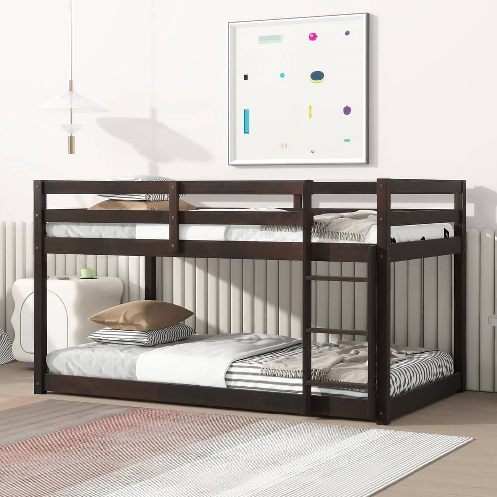 Wooden Twin over Twin Floor Bunk Bed with Ladder ,Upper and Bottom Bed Platforms