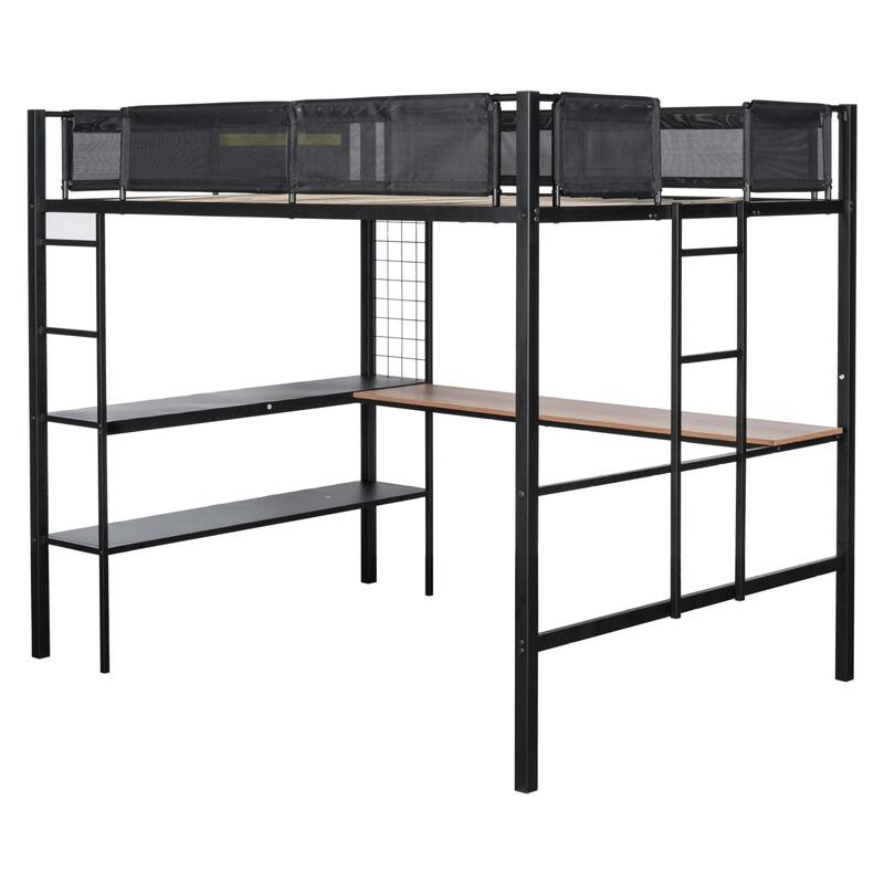 Full Size Loft Bed with Built-In Desk, Shelves, and Guardrail, Metal Frame with Side Ladders