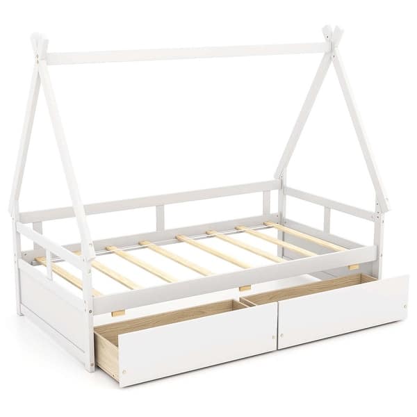 slide 2 of 20, Costway Twin Size House Bed with Roof Safety Guardrail 2 Storage White