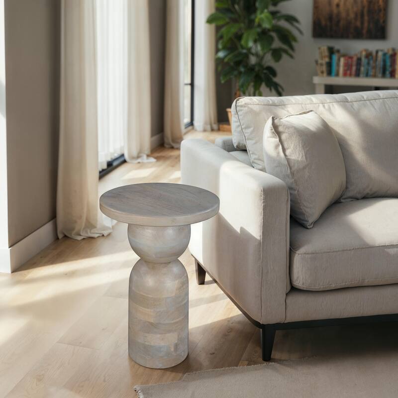 Tia 12 Inch Round Side End Table, Turned Pedestal Base, Beige Mango Wood in Natural Brown Finish