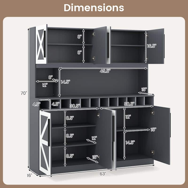 Gymax 63'' Wide Kitchen Buffet Hutch w/4 Cabinets 2 Open Shelves &