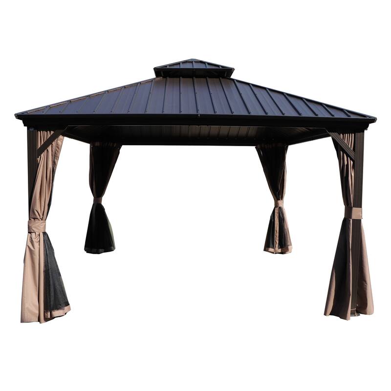 Kozyard Caesar Hardtop Gazebo with Steel Roof, Netting and Curtain - 12' x 12' - Dark Brown
