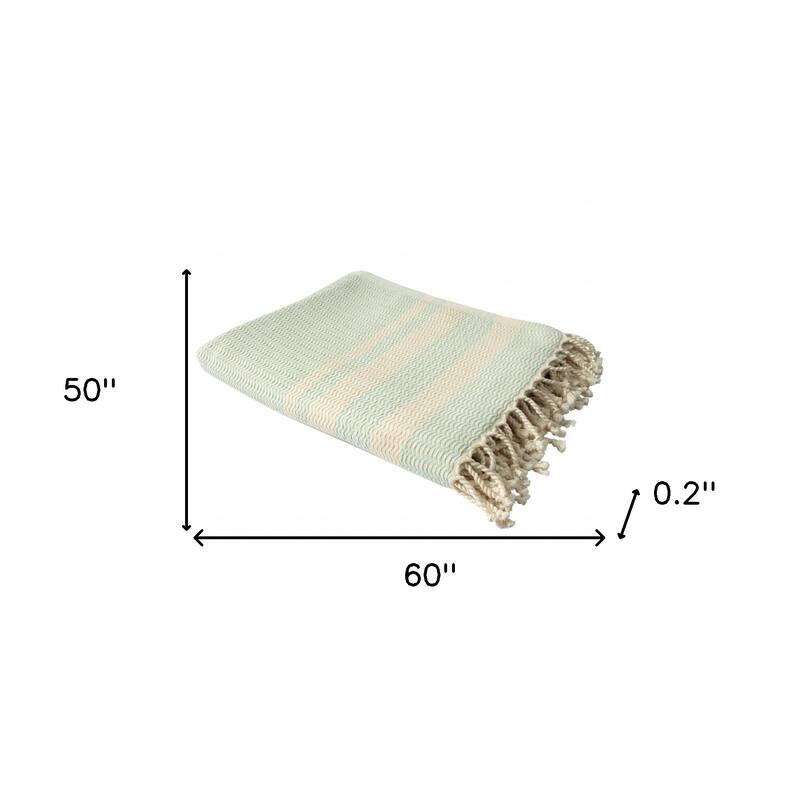 HomeRoots 50" X 60" Turquoise Woven Cotton Striped Throw Blanket with Fringe