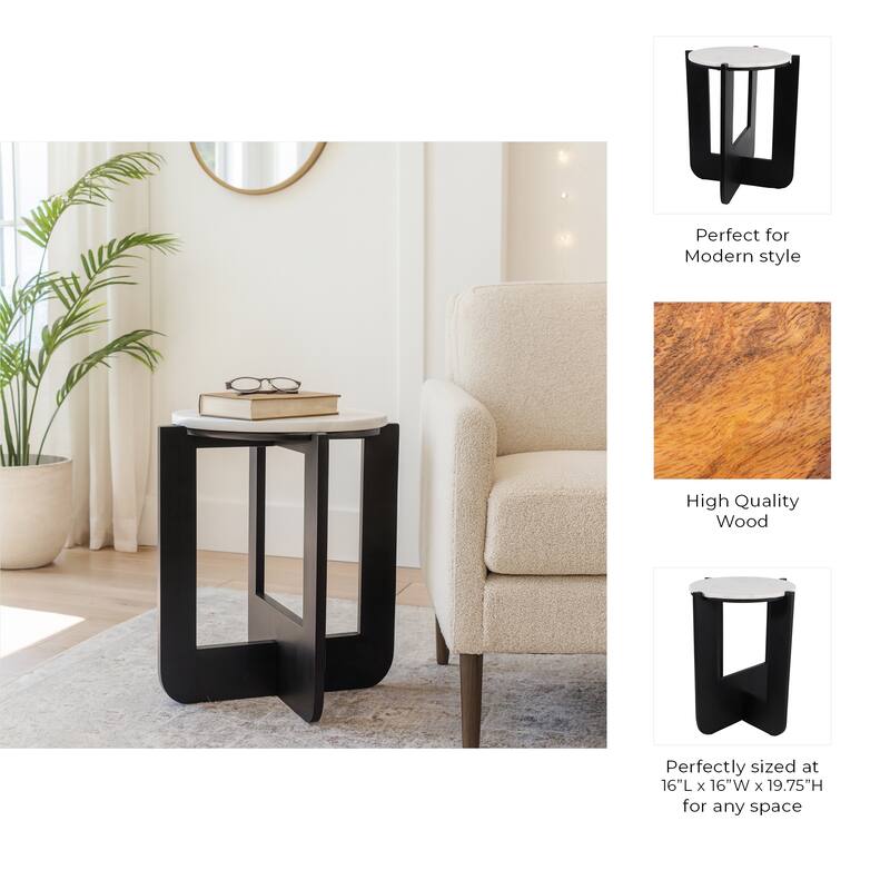 Marble Wood Accent Table Round Top Frame Modern - 20" White Black - 16" x 16" x 19.75"