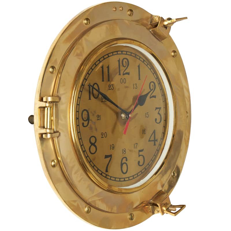 Metal Nautical Small Port Hole Wall Clock - Gold - Roche River Decor - 12"W x 12"L x 3"H