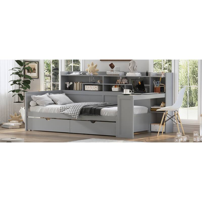 Wooden Twin Size Daybed with Storage Shelves