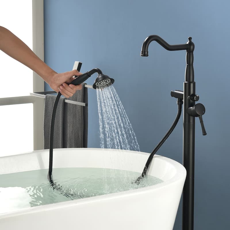 Freestanding Bathtub Faucet High Flow Rate Single Handle Floor Mounted Tub Faucets with Hand Sprayer Swivel Spout Tub Fillers