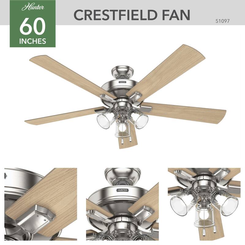 Hunter 60" Crestfield Ceiling Fan w/3-Light LED Light, Pull Chain - Farmhouse, Transitional, Rustic - Exclusive SureSpeed!