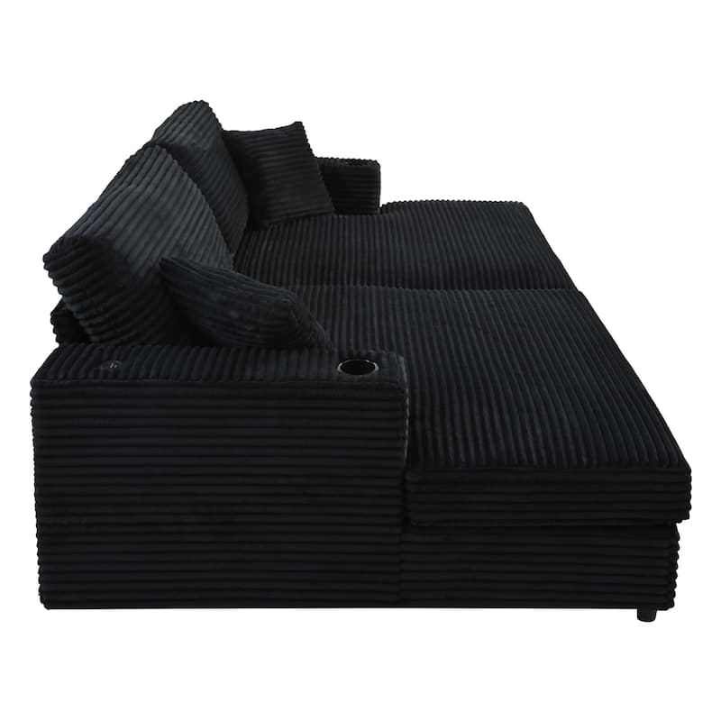 86.5" Corduroy Chaise Lounge Sofa Bed with USB Ports, Cup Holders and 8" Thick Cushions