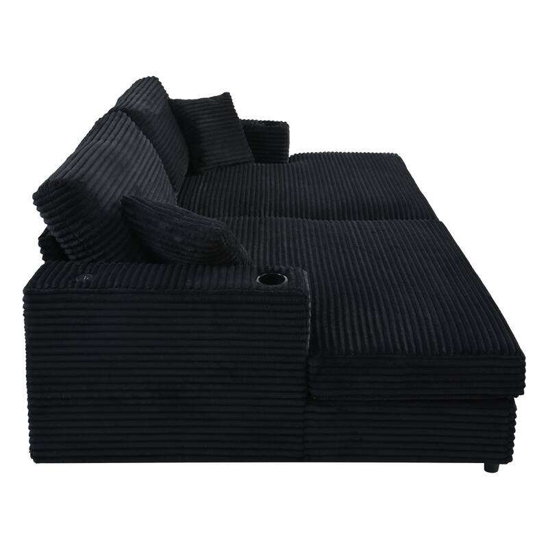 86.5" Corduroy Chaise Lounge Sofa with 2 USB Ports, Cup Holders, and 550lb Capacity