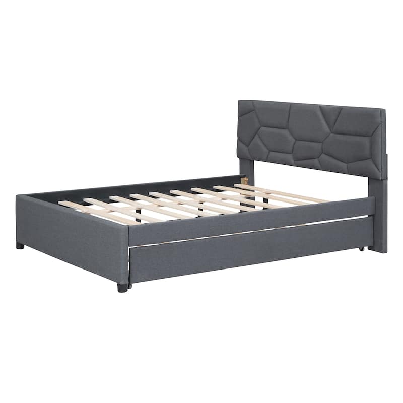 Full Linen Platform Bed with Trundle and Brick Headboard