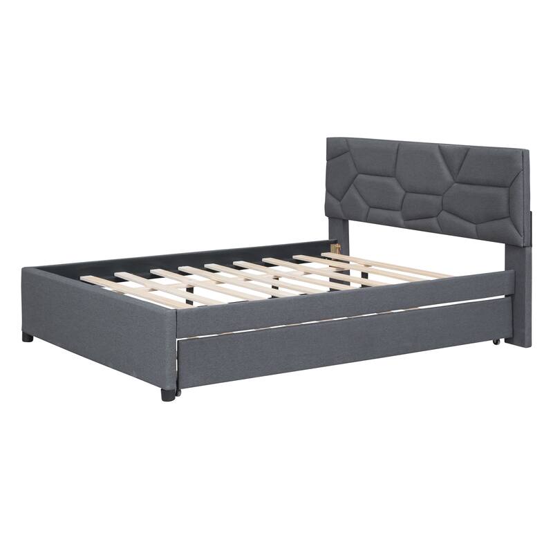 Full Size Upholstered Platform Bed with Brick Pattern Headboard and Twin Trundle, Linen Fabric, Gray