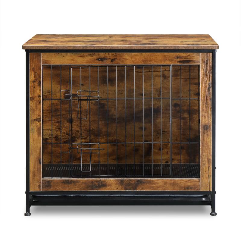 Rustic Brown Wooden Double Doors Dog Crate with Cushion and Adjustable Feet