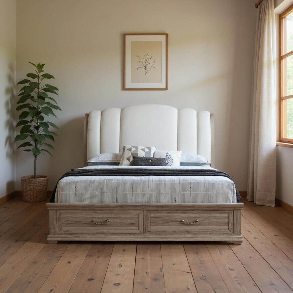 HomeRoots Natural and Light Gray Distressed Wood And Upholstery Queen Bed Frame With Drawers