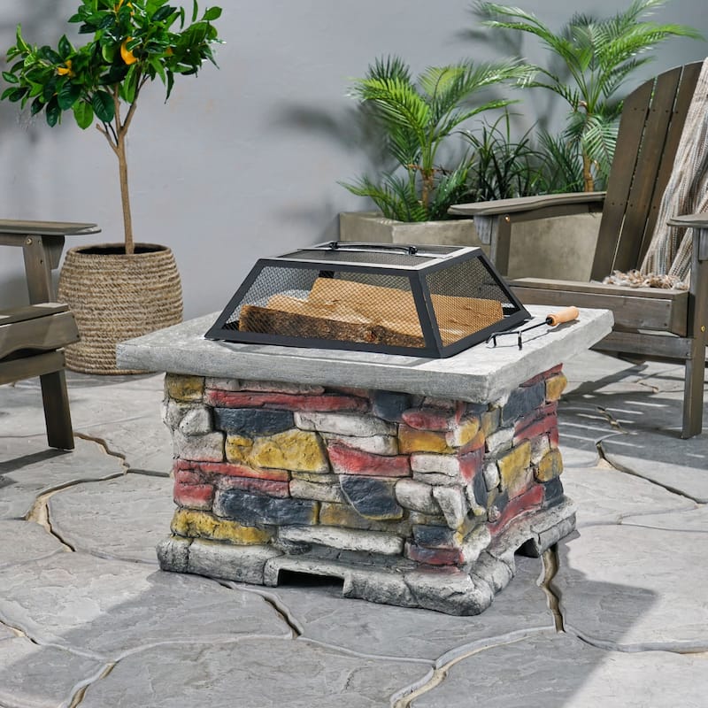 28.7 in. W x 22 in. H Stone Square Wood Burning Outdoor Fire Pit