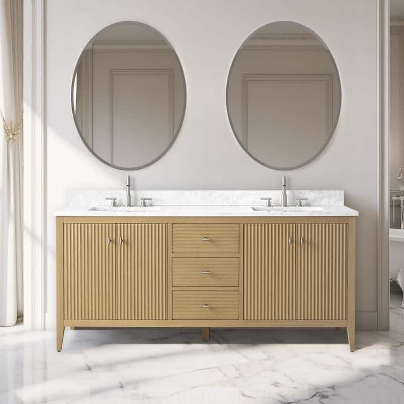Vanity Art 72" Double Sink Bathroom Vanity Cabinet with Engineered Marble Top - 72"/Brushed Nickel Handle - Linear Natural Oak
