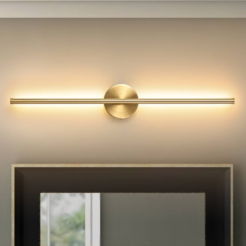 1-Light Black/ Gold/ Nickel Modern Long Linear Strip Wall Sconce Dimmable LED Bathroom Vanity Light - Round backplate/W:27.5'' - gold