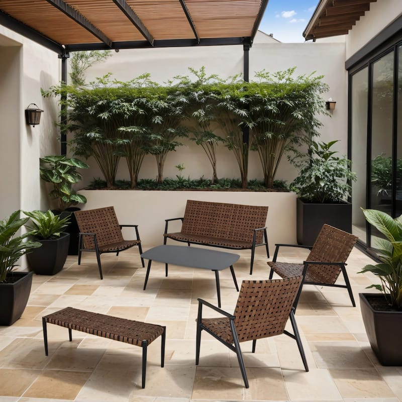 Patio Wicker Rattan Bench, In Metal Frame For Outdoor