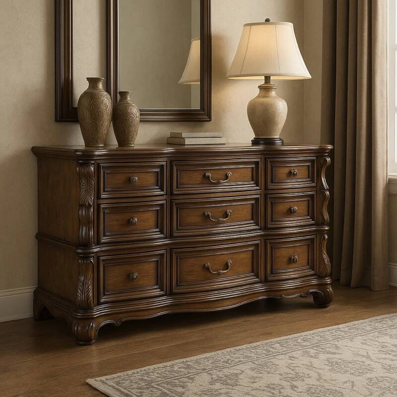 Leova Wide Dresser, 9 Drawers, Ornate Molding, Brown Asian Hardwood