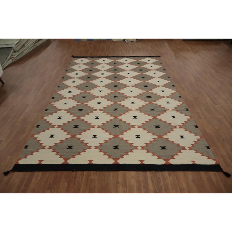 Hand Woven Oriental 100% Wool Carpet Southwestern Modern Greys & Charcoal Kilim Area Rug - 14' 1'' X 8' 4''