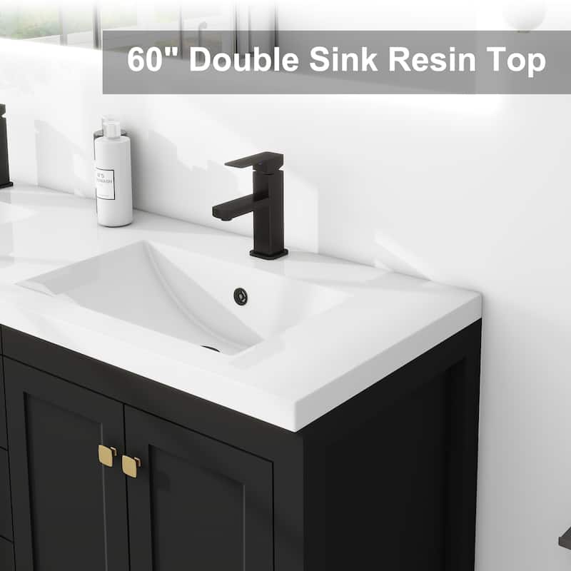 60" Bathroom Vanity Cabinet with Resin Drop in Sink Top Matte Black Faucet