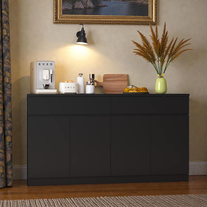 Large Sideboard Buffet Cabinet with Storage, Wood Kitchen Storage Cabinet with 2 Drawers and 4 Doors, Coffee Bar Table - Black