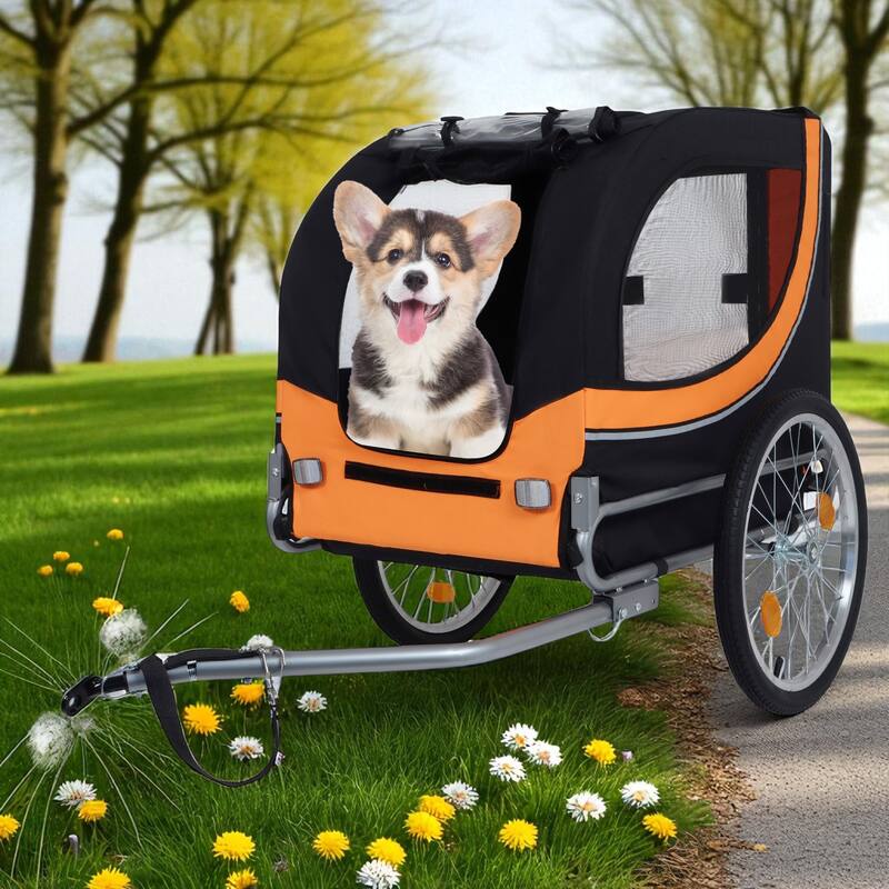 Folding Dog Bike Trailer 66LB Capacity - All-Terrain Pet Carrier with Steel Frame, Rain Cover & Mesh Windows - Black Orange