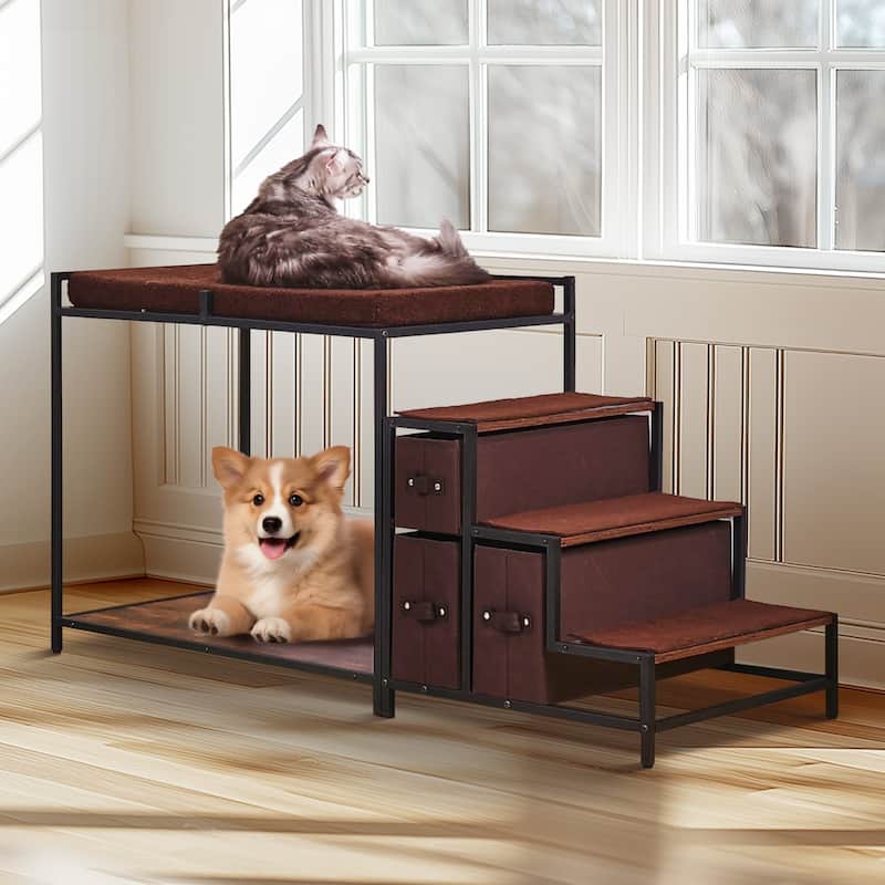 Black-Brown Wood Pet Bunk Bed with Stairs and Storage Drawers - 49” L x 19.6” W x 25.9” H