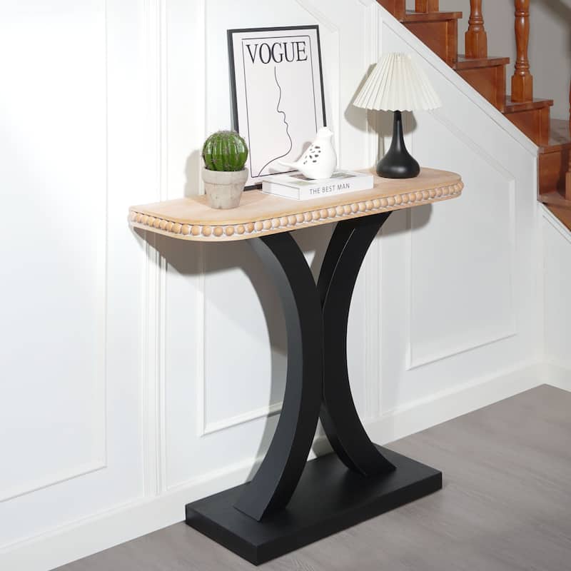 Elegant Half-Moon Console Table with Bead Trim, Versatile Wood Entryway Table with Natural Rounded Tabletop and Black Base
