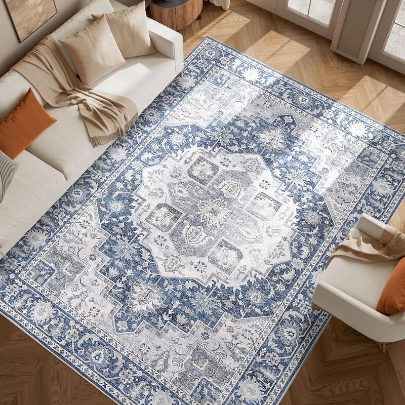 5x7 Rugs for Living Room, Soft Non-Slip Washable Area Rugs - 5x7 -  D12-blue