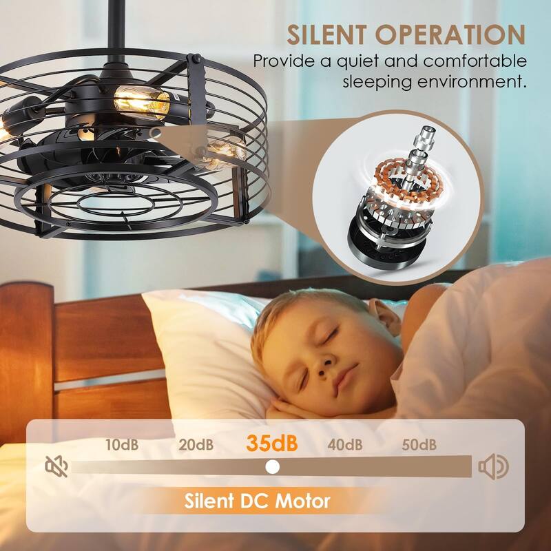 KAYLA 18'' Ceiling Fans with 7 Blades, Black Caged Ceiling Fan with Lights, E16 x 4 - N/A