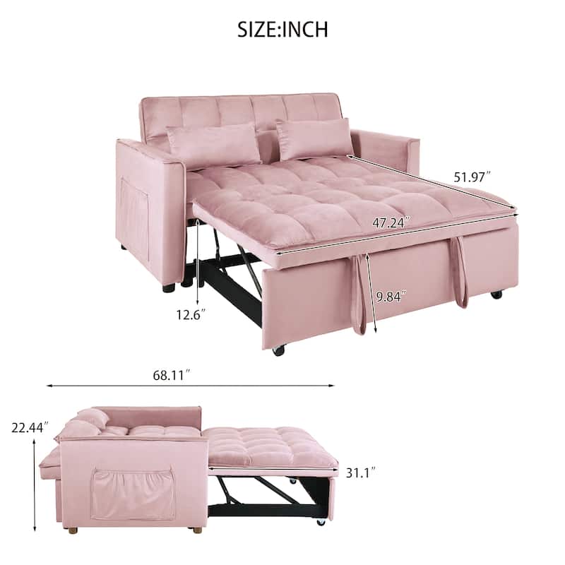3-in-1 Convertible Loveseat 47.24 in. Velvet Pull-Out Twin Size Sofa Bed with Pocket & Throw Pillow