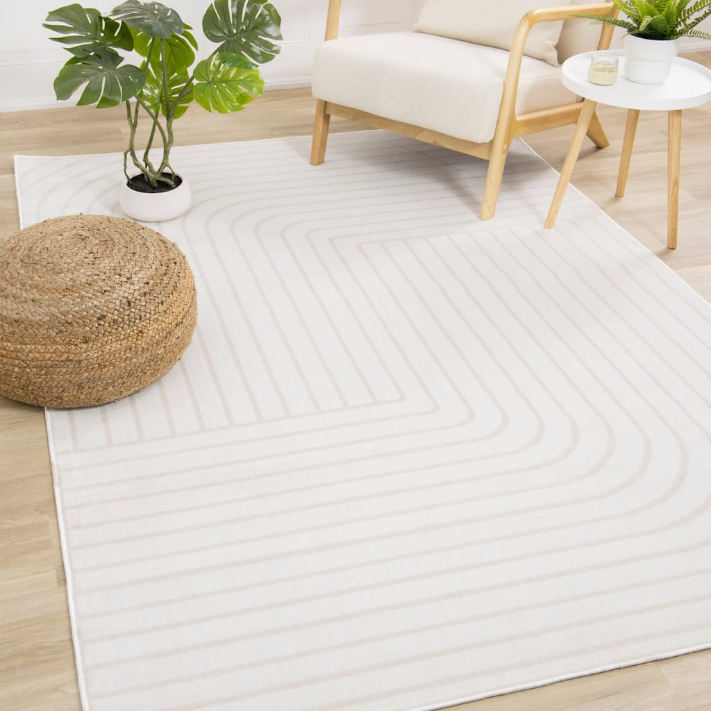 Washable Beige White Modern Curves Area Rug