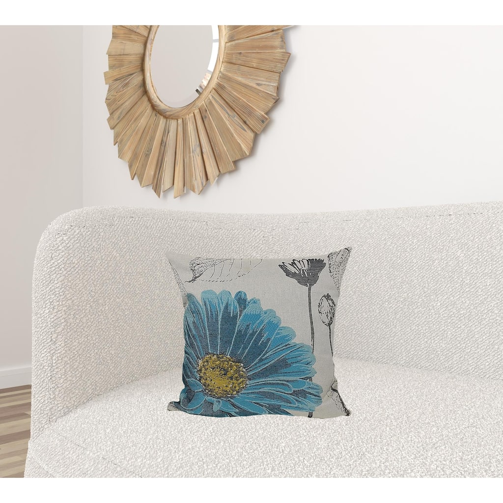 HomeRoots 18"x18" Blue Polyester and Cotton Blend Floral Zippered Pillow