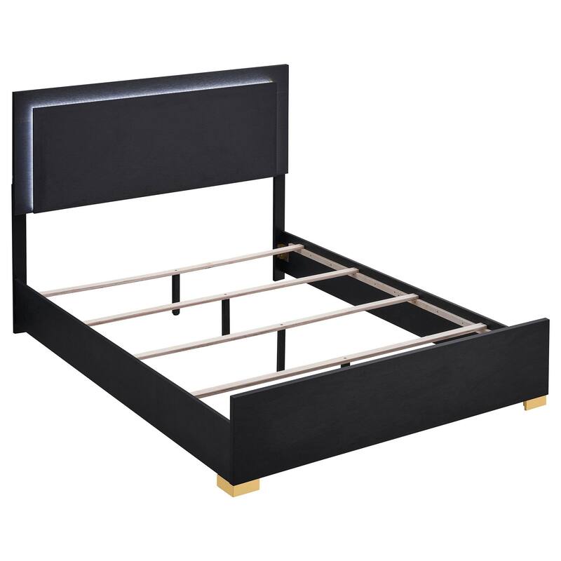 Dex 4 Piece Full Bedroom Set, Black, Gold Accents, LED Headboard