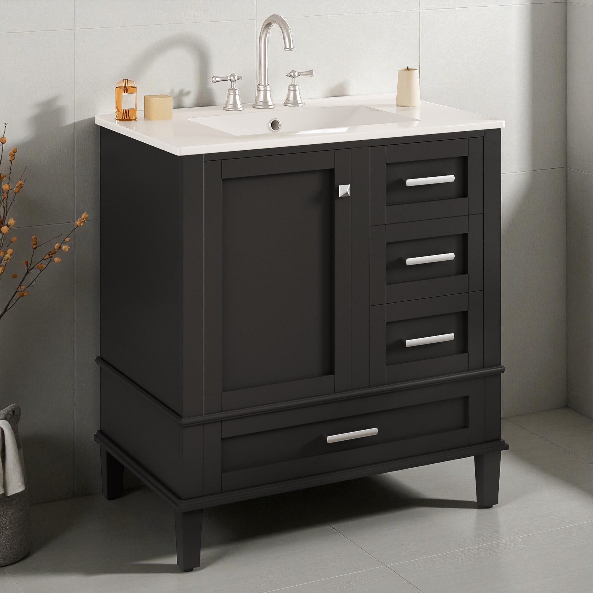 30" Modern Bathroom Vanity with Ceramic Sink, Solid Wood Frame, 1 Door & 3 Soft-Close Drawers, Freestanding