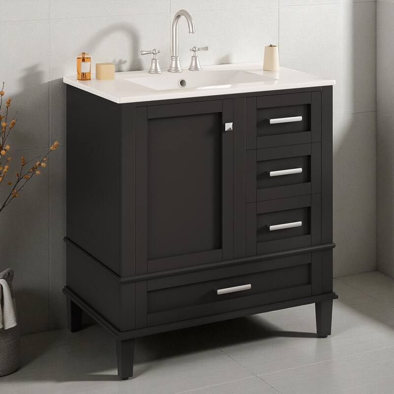30" Modern Bathroom Vanity with Ceramic Sink, Solid Wood Frame, 1 Door & 3 Soft-Close Drawers, Freestanding - Black