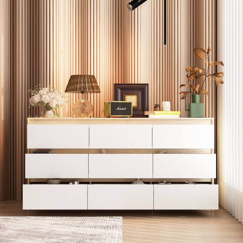 63" Modern 9-Drawer Dresser for Bedroom, Wide White Chest of Drawers, Large Storage Cabinet for Clothes Organization