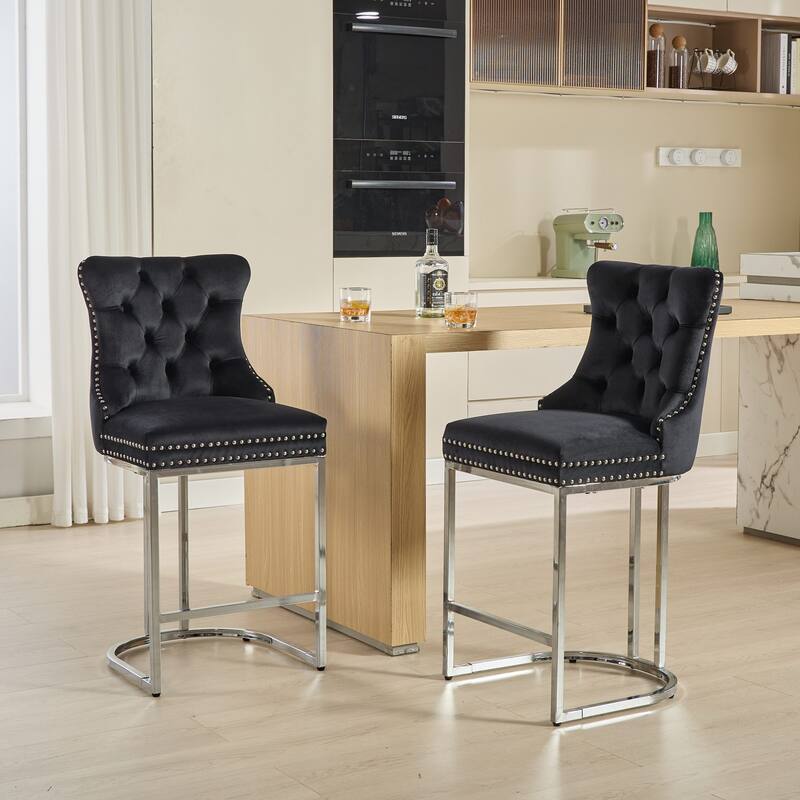 GDF Studio - Riveton Modern Velvet Upholstered Counter Height Bar Stools with Button Tufted Back & Rivet Trim (Set of 2)