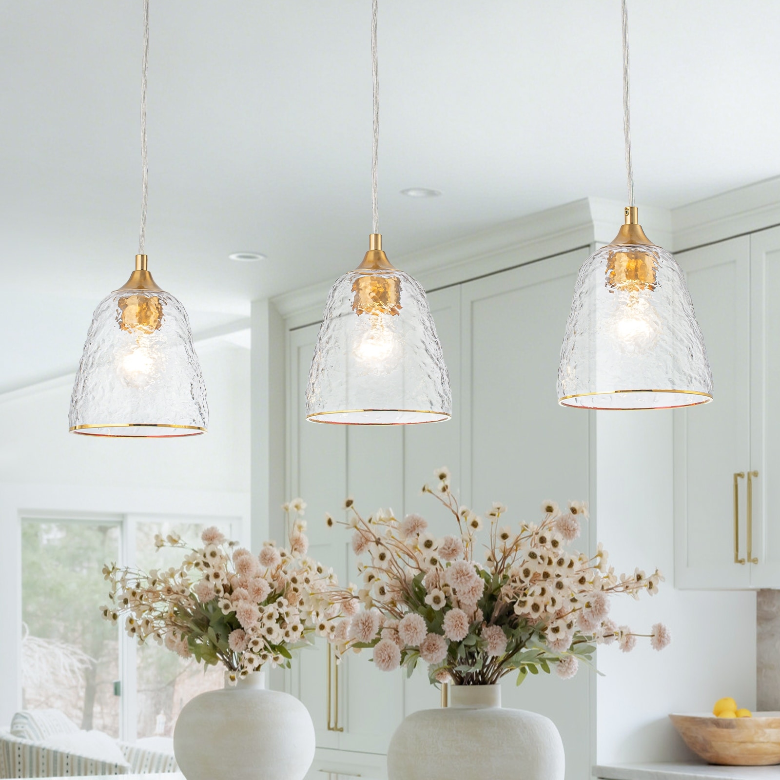 Kitchen Linear Island Pendant Light with Textured Clear Glass Shades - L 27.95inch