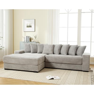 Gray 111" Corduroy Upholstered L-Shaped Sectional Sofa with Oversized Left Chaise Longue and 8 Throw Pillows