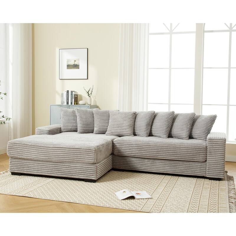 Oversized Corner Couch L-Shaped Corduroy Sofa Set with Left Chaise Daybed, Armrests, and Eight Throw Pillows - Grey