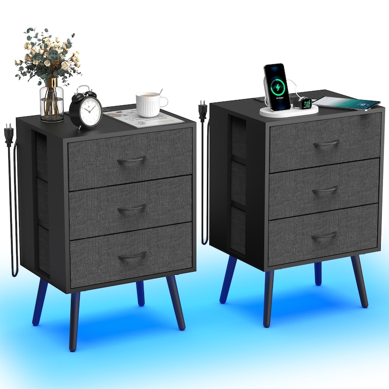 Modern 2-Piece Nightstand with LED Light and 3 Fabric Drawers
