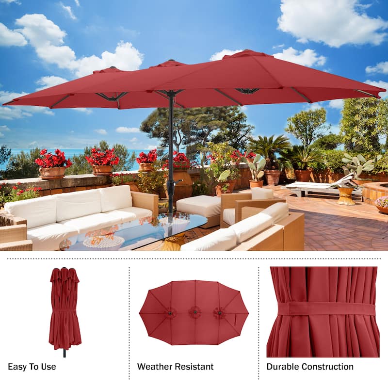 Extra Large Outdoor Umbrella - 15 Ft Double Patio Shade with Easy Hand Crank by Pure Garden (Red)