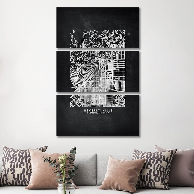 iCanvas "Beverly Hills City Map Chalkboard Style" by WallDecorAddict 3-Piece Canvas Wall Art Set - 60x40x1.5