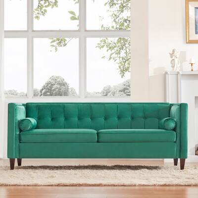 Green Velvet Loveseat Button Tufted Sofa with Bolster Pillows