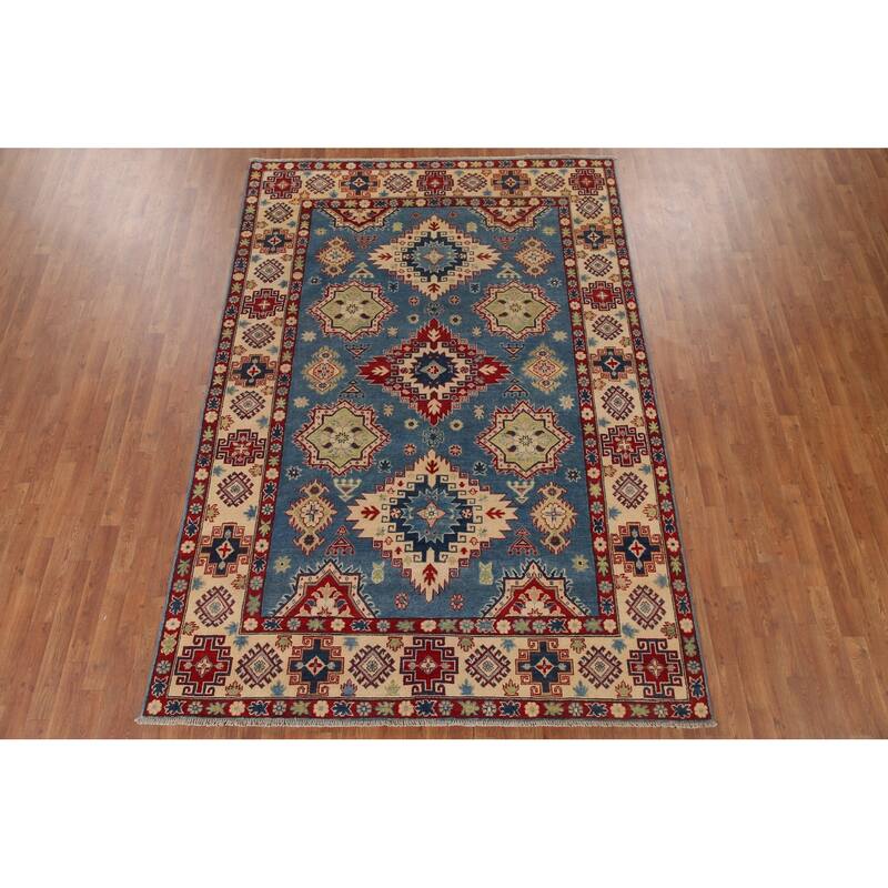 Hand Knotted Oriental 100% Wool Carpet Traditional Geometric Navy Blue & Blues Kazak Area Rug - 9' 10'' X 6' 8''