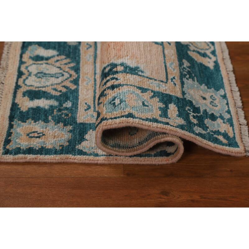 Hand Knotted Oriental 100% Wool Carpet Transitional Geometric Peach Oushak Area Rug - 2' 11'' X 2' 1''
