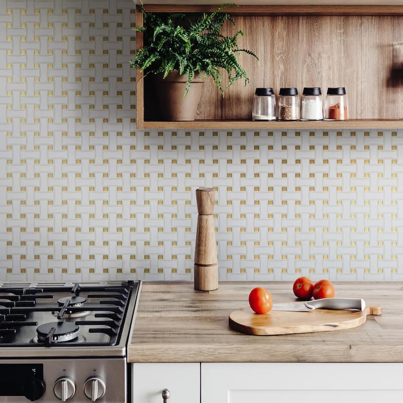 Merola Tile Metro Dog Bone Basketweave Matte White with Glass Gold Dot 10" x 10" Porcelain Mosaic Wall Tile